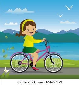 vector illustration of girl riding bicycle.