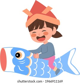 Vector illustration of girl riding blue carp fish children's day elements