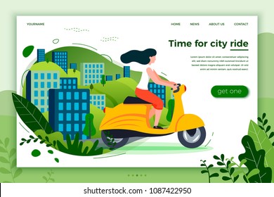 Vector illustration - girl riding on motorbike. Park, city, trees and hills on background. Banner, site, poster template with place for your text.