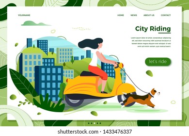 Vector illustration - girl riding on motorbike with dog. City, trees and hills on green background. Banner, site, poster template with place for your text.