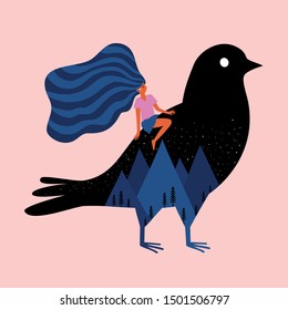 Vector illustration with girl riding on huge black bird with stars, mountains and pine trees. Funny print design, freedom and women feminism power concept