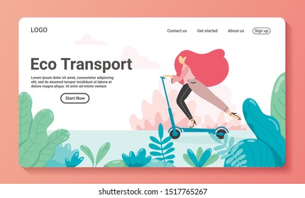 Vector illustration - girl riding on scooter. Park, city, trees and hills on background. Banner, site, poster template with place for your text