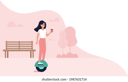 Vector illustration of girl riding a unicycle. Monocycle. Girl holding a cup of coffee. Teenager. City life. Banner. 