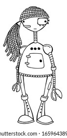 Vector illustration of a girl robot.  
Cartoon isolated on white background. Black outline Hand drawing coloring book for children and adults.  Design for cards, flyers, brochures. Vector. Eps 8.