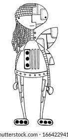 Vector illustration of a girl robot. Cartoon isolated on white background. Black outline. Hand drawing coloring book for children and adults.  Design for cards, flyers, brochures. Vector. Eps 8.