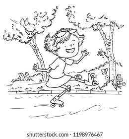 Vector illustration, girl with roller skates, coloring drawing, cartoon concept.