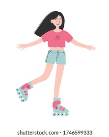 Vector illustration with girl roller skating in a pink t-shirt and blue shorts.