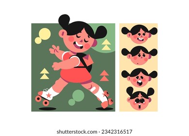 Vector illustration of girl roller skating on green background with yellow and pink triangles. Four different facial expressions.