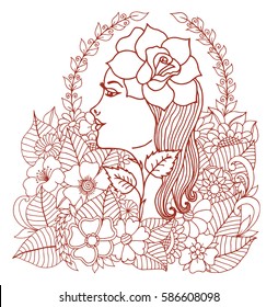 Vector illustration girl with a rose surrounded by flowers. Work done by hand. Book Coloring anti-stress for adults and children.Brown and white.