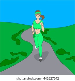 vector illustration of a girl running down the road in the field. She likes to run