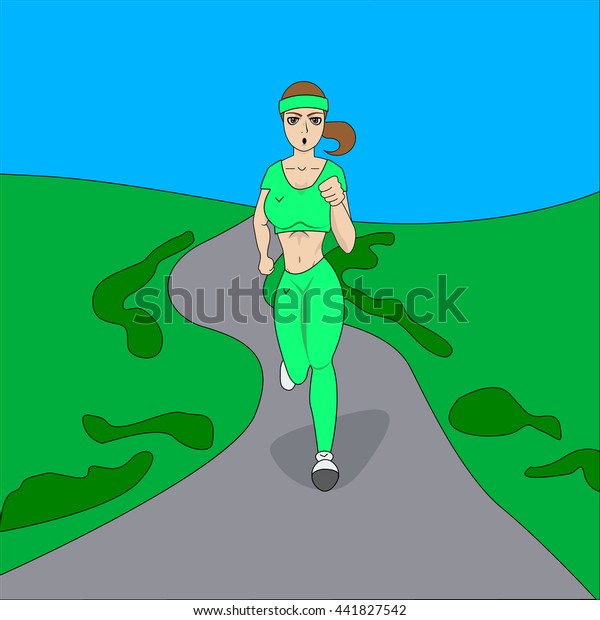 Vector Illustration Girl Running Down Road Stock Vector (Royalty Free
