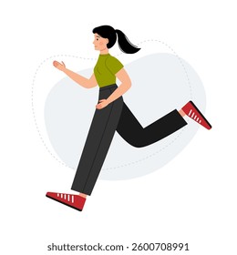 Vector illustration with a girl running. The girl goes in for sports. Jogging, training, workout, exercise.