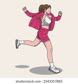 Ilustración vectorial de una chica corriendo y saltando en ropa deportiva en forma de chaqueta y pantalones cortos