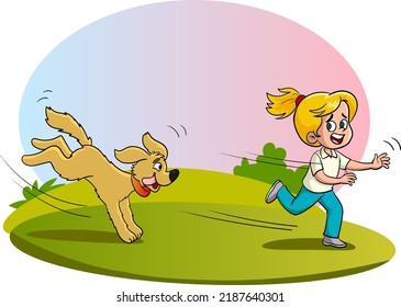 Vector Illustration Of Girl Running Scared From Dog