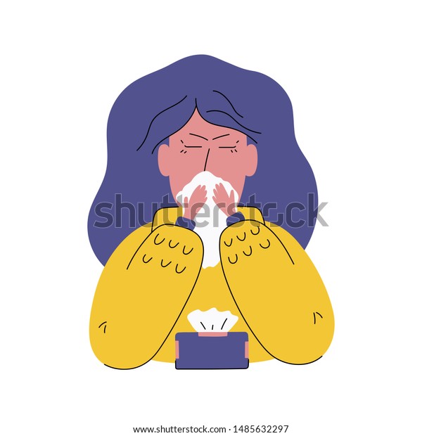 鼻水の女の子のベクターイラスト ハンカチとハンカチ箱の若い女性 セーターにインフルエンザアレルギーの症状や風邪の症状がある不幸な病気のキャラクター のベクター画像素材 ロイヤリティフリー