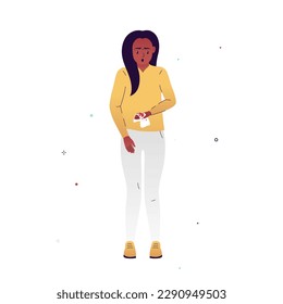 Ilustración vectorial de una niña asustada de un sangrado vaginal inexplicable. Desbalance hormonal, embarazo inadvertido, fibromas, cáncer. Ilustración para artículos médicos, afiches.