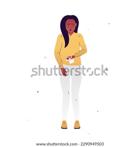 Vector illustration of a girl scared of unexplained vaginal bleeding. Hormonal imbalance, unnoticed pregnancy, fibroids, cancer. Illustration for medical articles, posters.