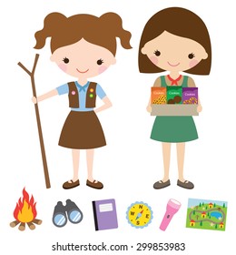 Vector Illustration Of Girl Scouts And Related Items.