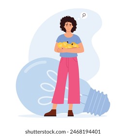 Vector illustration of a girl in search of new creative ideas. Cartoon scene of a curly and smart girl holding a whole bunch of yellow light bulbs, having lots of ideas isolated on white background.