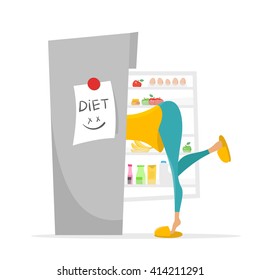 Vector illustration of girl searching something to eat in the fridge.