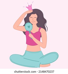 Vector illustration girl self love admiring yourself in the mirror with crown.