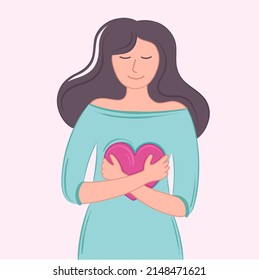 Vector illustration girl self love with hug pink heart