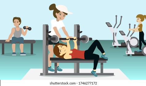 Vector illustration of a girl shakes muscles in the gym. A trainer stands nearby and insures