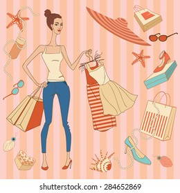 vector illustration of a girl with shopping bags and summer accessories