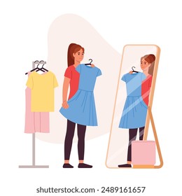 Vector illustration of a girl shopping. Cartoon scene of a girl choosing a dress, looking in a large mirror, ottoman,clothes rack with hangers with a t-shirt,a sundress,isolated on a white background.