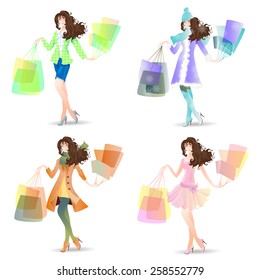 Vector illustration girl in  Shopping Day set