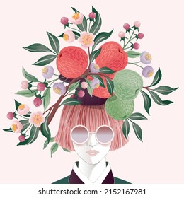 Vector illustration of a girl with short hair decorated with flowers and apples. Frame, poster, greeting card, and invitation design	