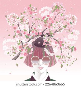 Vector illustration of a girl with short hair decorated with cherry blossom flowers. Design for Frame, poster, greeting card, and invitation design	