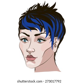 Vector illustration of girl with short hair and with blue strands of hair