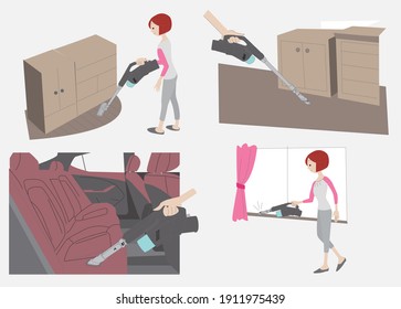 A vector illustration of a girl with short red hair holding a vacuum cleaner to clean the room and car interior