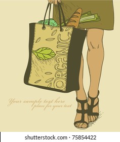 vector illustration of a girl in a short skirt holding the bag with organic food and vegetables