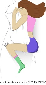 vector illustration of a girl in shorts and a T-shirt lies on the bed with her eyes closed and hugs a blanket on a white background