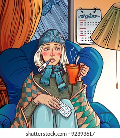 Vector illustration girl sick cold. girl sitting in a chair and holding a cup in her hands. snow and rain on the street. winters.