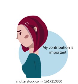 Vector illustration of a girl sideways with an inscription supporting the contribution of women to the team, social life.
On a background of a blue circle for stickers, presentations, logos,