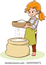 Vector Illustration of girl sifting flour