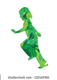 vector illustration of girl silhouette running with leaves