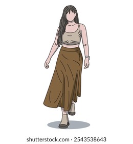 ilustração vetorial de uma menina com um estilo simples e elegante vestindo um top de tanque e saia