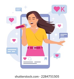 Vector illustration of a girl singer in a social network. Cartoon scene with a girl superstar singing and getting likes, views, comments in a mobile application isolated on a white background.