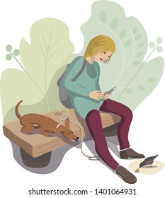 Vector illustration. Girl sits with dachshund and bird