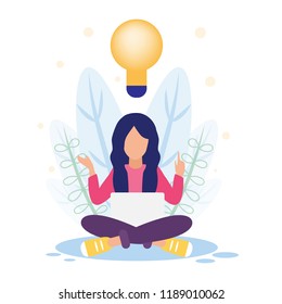 Vector illustration, girl sits in lotus position with lap top, and limo in the air.Concept of creating new ideas/plans, concept of meditation.