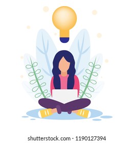 Vector illustration, girl sits in lotus position with lap top, concept of creating new ideas/plans, concept of meditation.