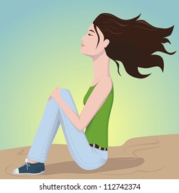 vector illustration of the girl sits on the ground