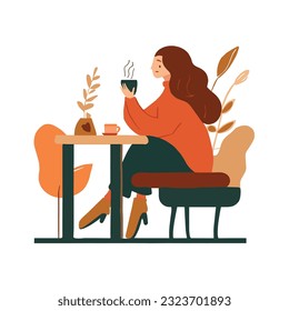 Vector illustration of a girl sitting in a cafe, savoring a cup of coffee. The ambiance is inviting, capturing the warmth and comfort of a perfect coffee break. Could be used in cozy designs of poster