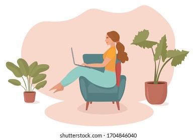 Vector illustration of a girl sitting in a chair and working at home on a laptop.Girl at home on self-removal. Concept during the covid 2019 pandemic. In the flat design style