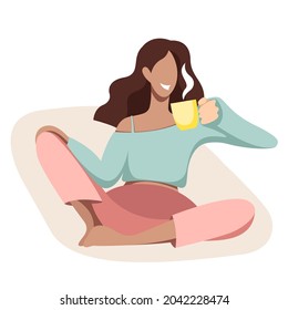 vector illustration of a girl sitting comfortably in a relaxed position with a cup of hot drink (tea or coffee) at home in clothes, warm sweater. picture in pastel colors isolated on white background.