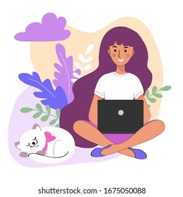 Vector illustration with a girl sitting at a computer on a white background. Freelance home work concept. Office work